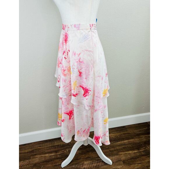 BCBGMaxAzria Asymmetric Tiered Satin Multi Pink White Marbled Midi Skirt Medium - Picture 8 of 13